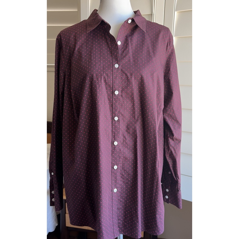 Lands End Women 24W Button Up Shirt No Iron Supima Cotton Long Sleeve Polka Dot